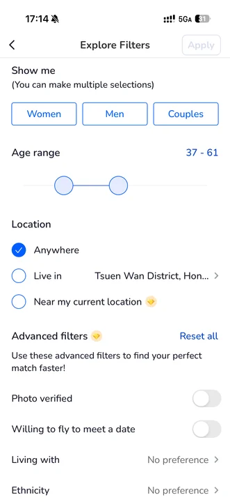 Advanced search filters screen