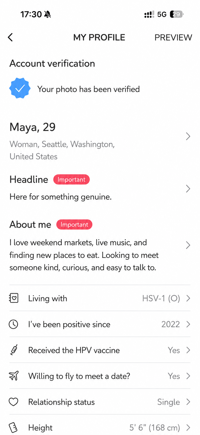 Profile customization and personal details screen