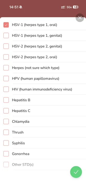 STD and STI status selection screen