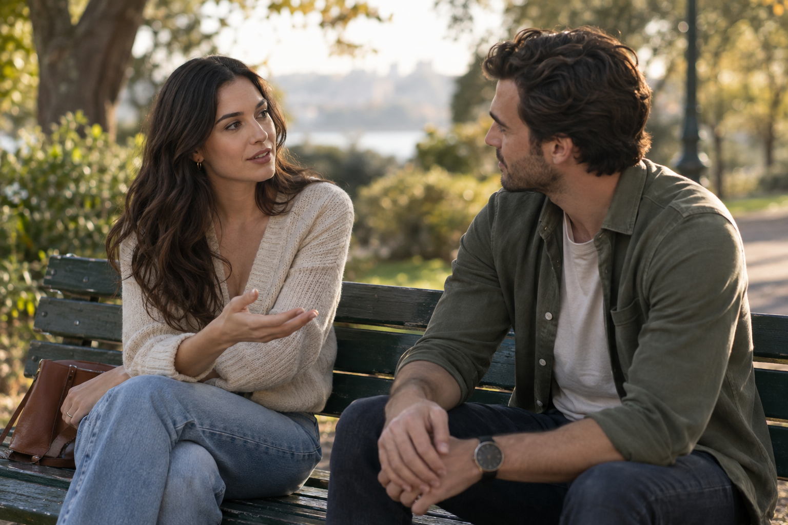 A woman and a man having a thoughtful conversation on a park bench during a date.