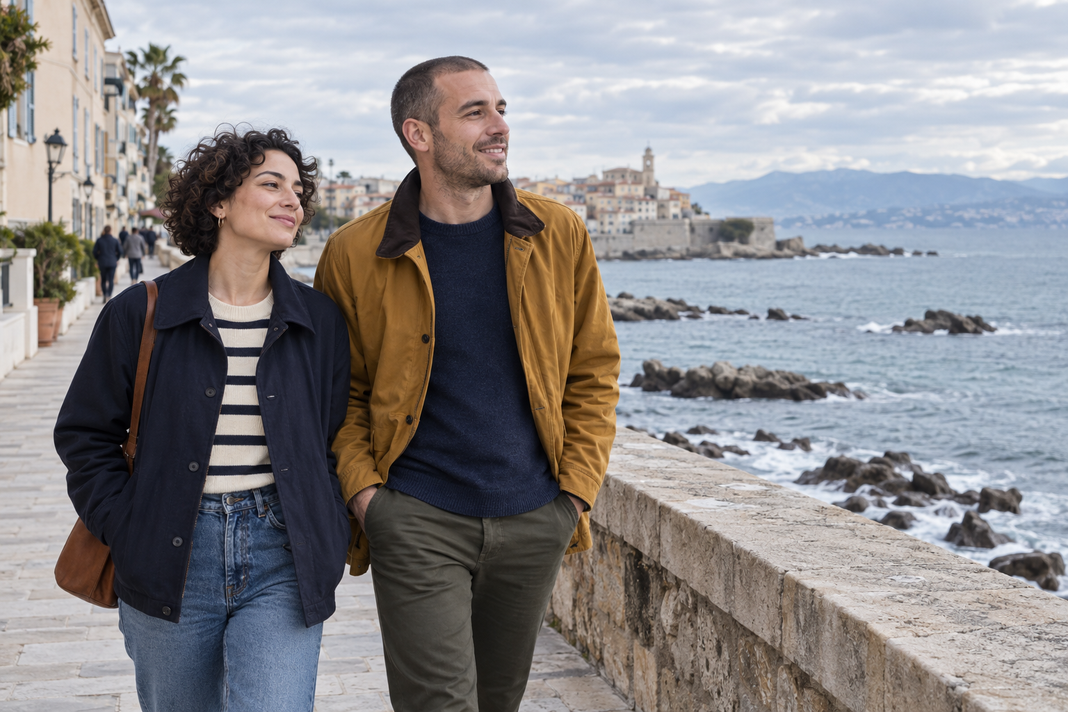 A couple enjoying a walk together along a coastal promenade.