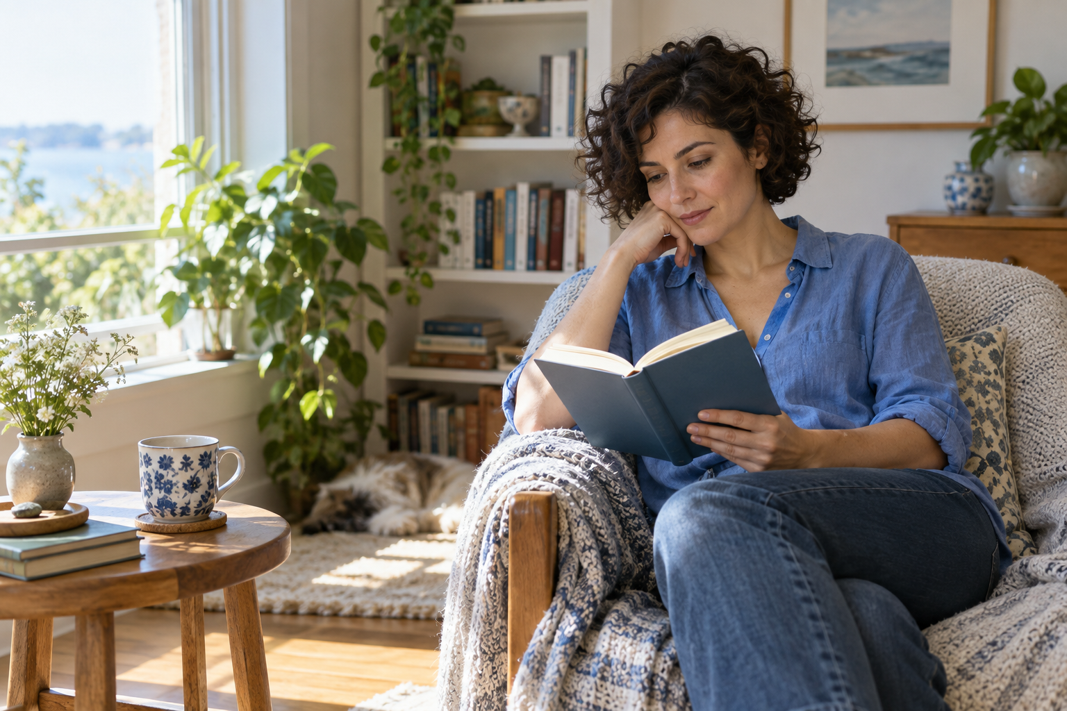 A woman taking time to read alone in a bright room.