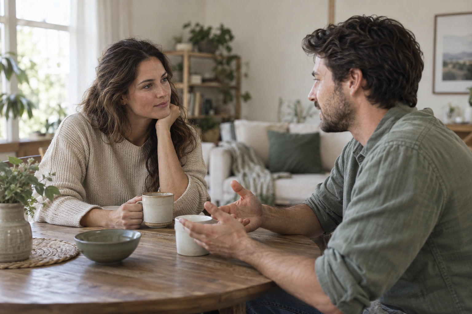 Two adults listening to each other during a relaxed conversation at home.